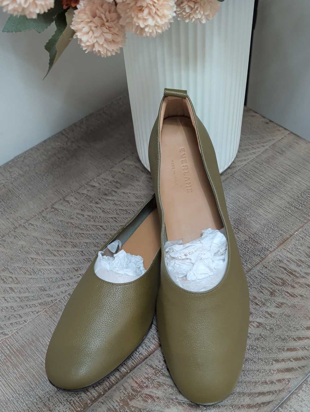 NWOT Olive Green Leather Ballet Flats